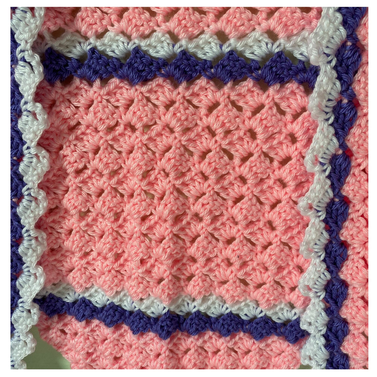 Pink Crocheted Shawl with Purple and White Striped Shawl Wrap