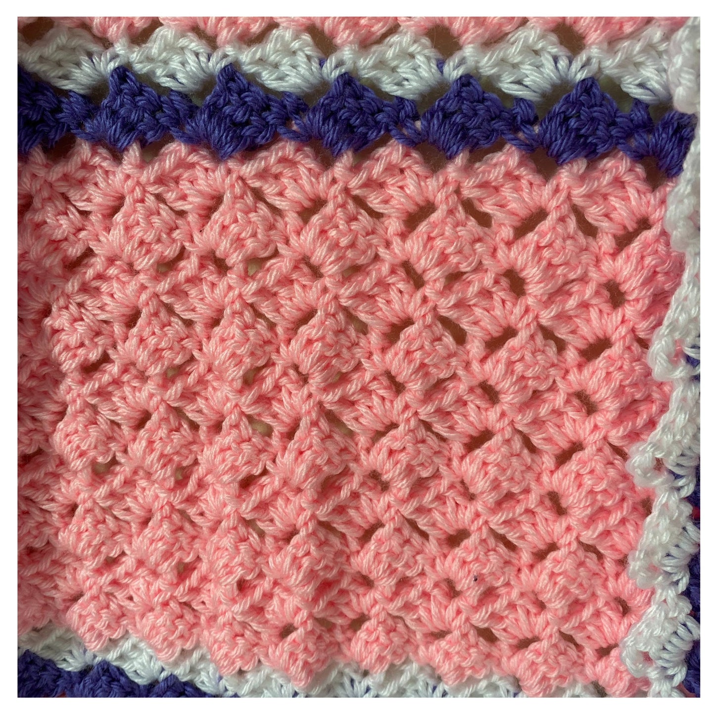 Pink Crocheted Shawl with Purple and White Striped Shawl Wrap