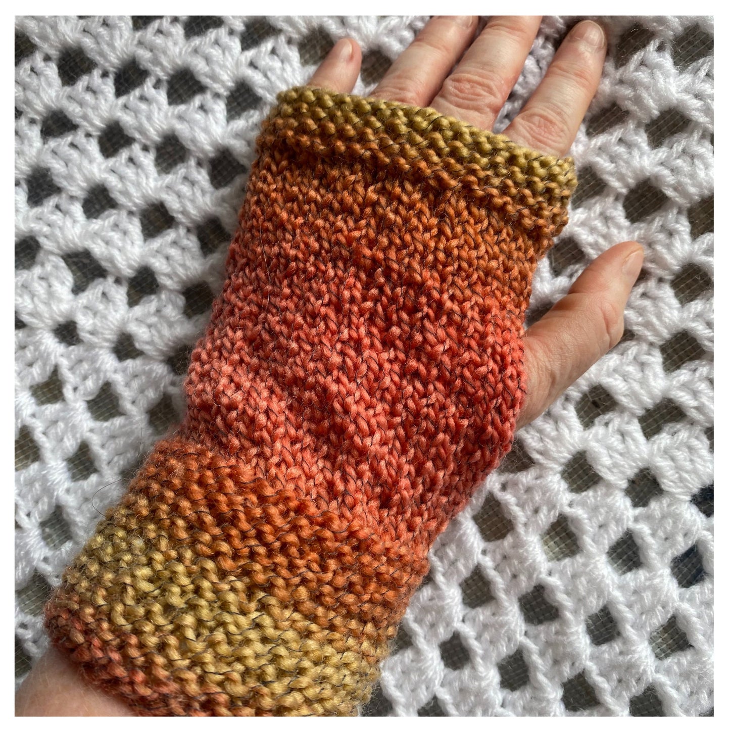 Hand-Knit Autumn Fingerless Gloves: Brown, Orange, Yellow Mittens