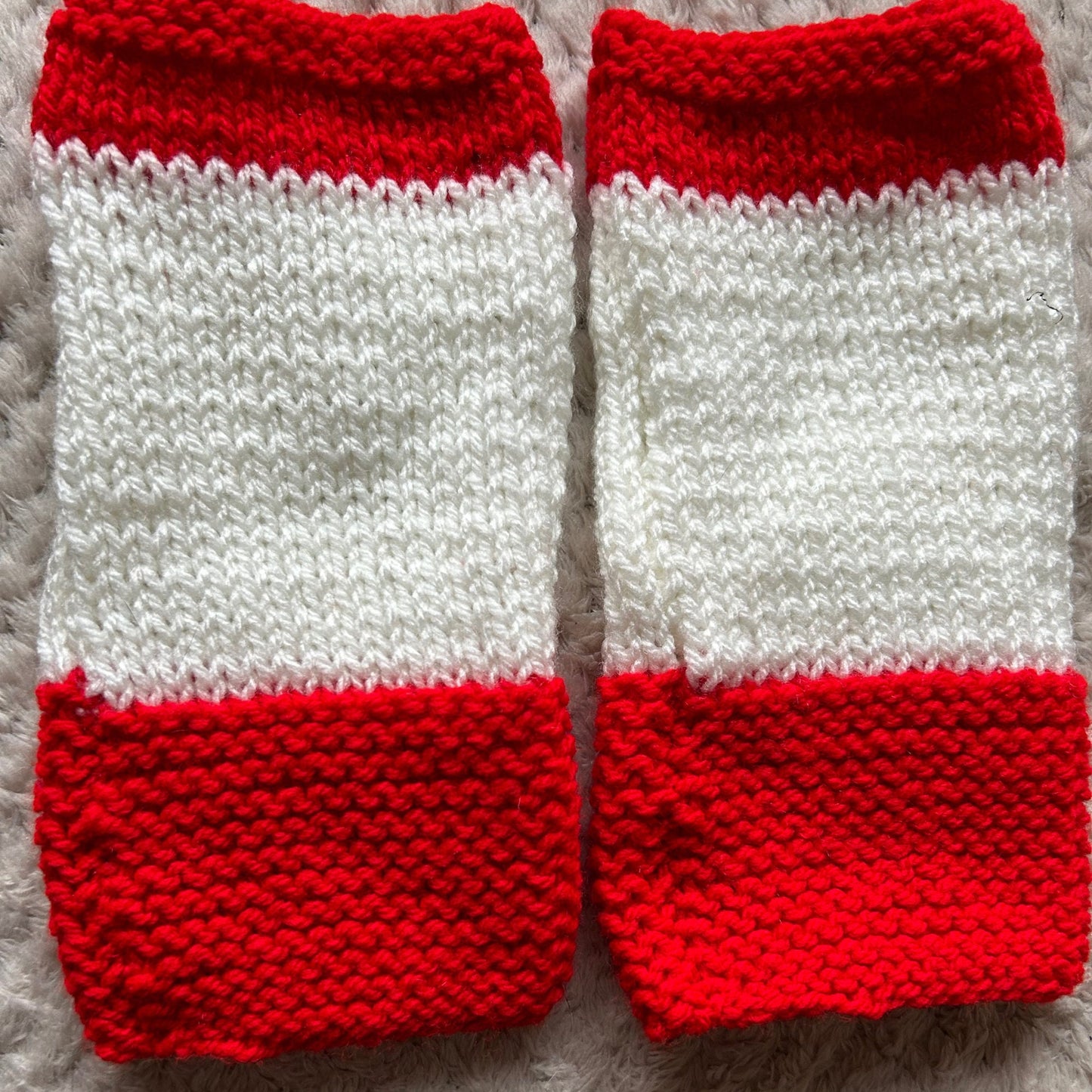 Hand Knit Fingerless Gloves, Red and White, Festive Cozy Mitts