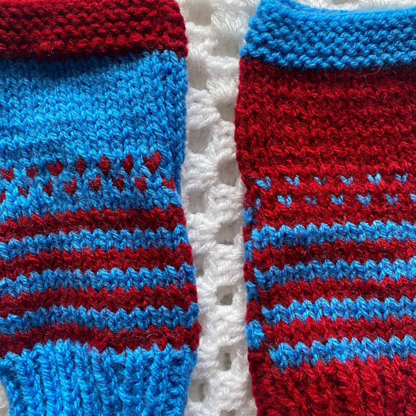 Fair Isle Knit Fingerless Gloves: Blue and Red Adult Women's Gloves