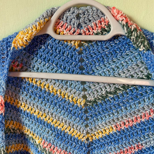 Blue Triangle Shawl with Colourful Stripes and Tassels