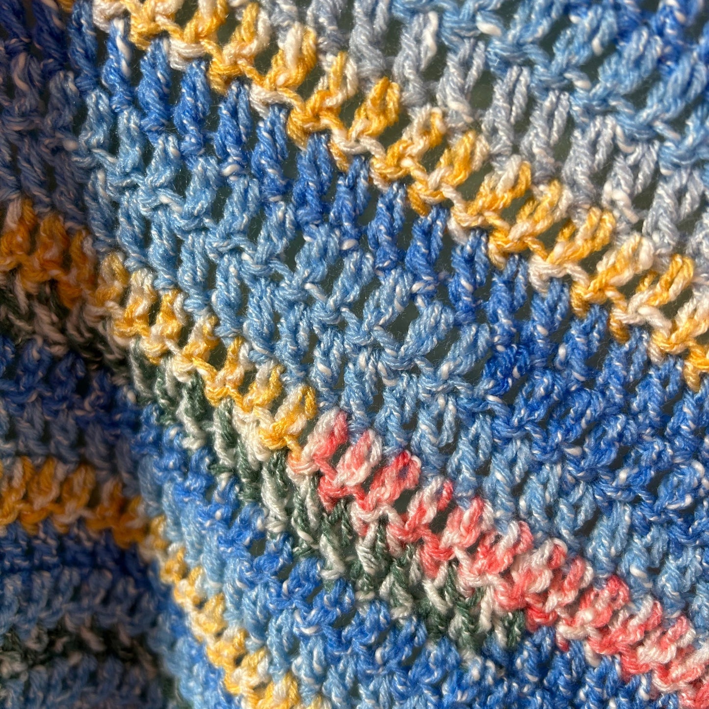 Blue Triangle Shawl with Colourful Stripes and Tassels