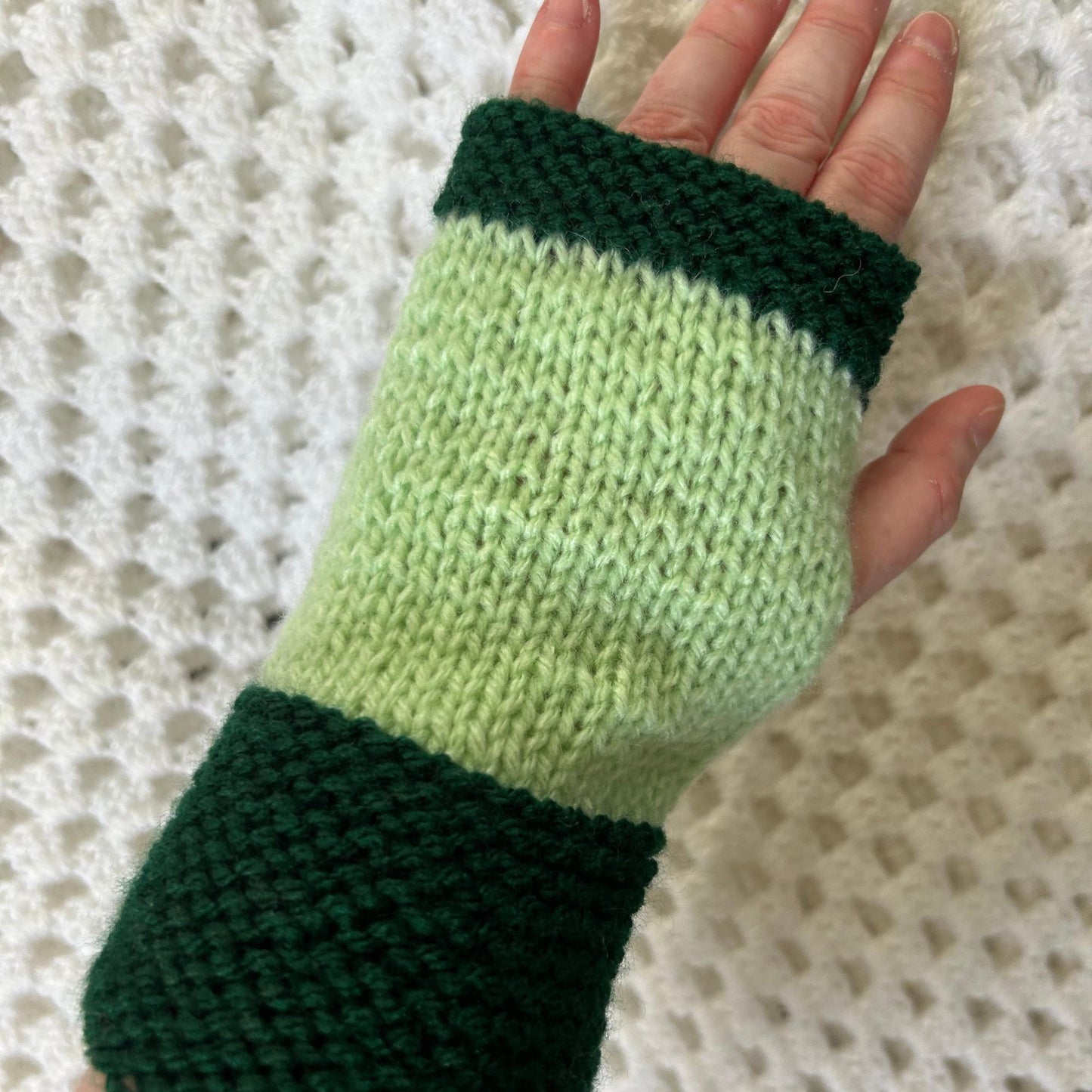 Hand Knit Green Fingerless Gloves: Ladies Small Hands Gloves