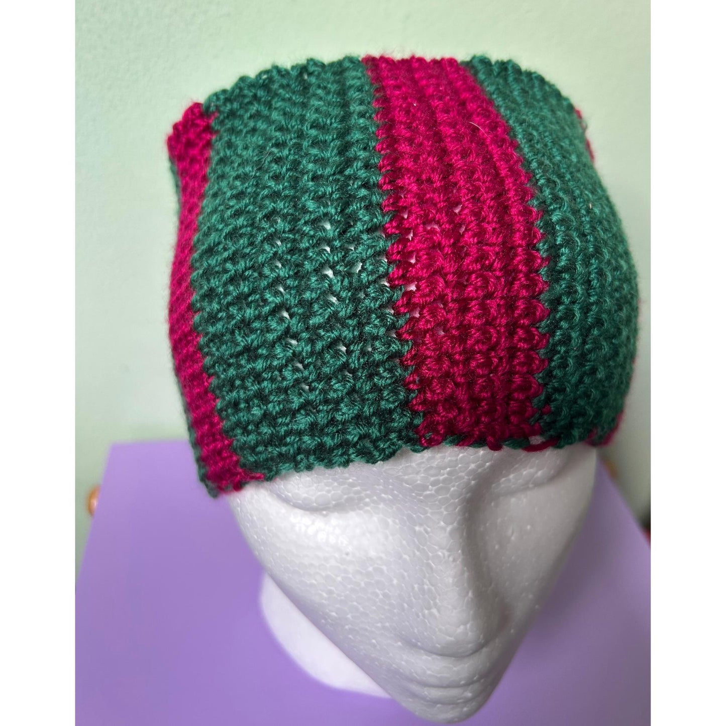 Crochet Striped Headband: Pink & Green Extra Wide Ear Warmer