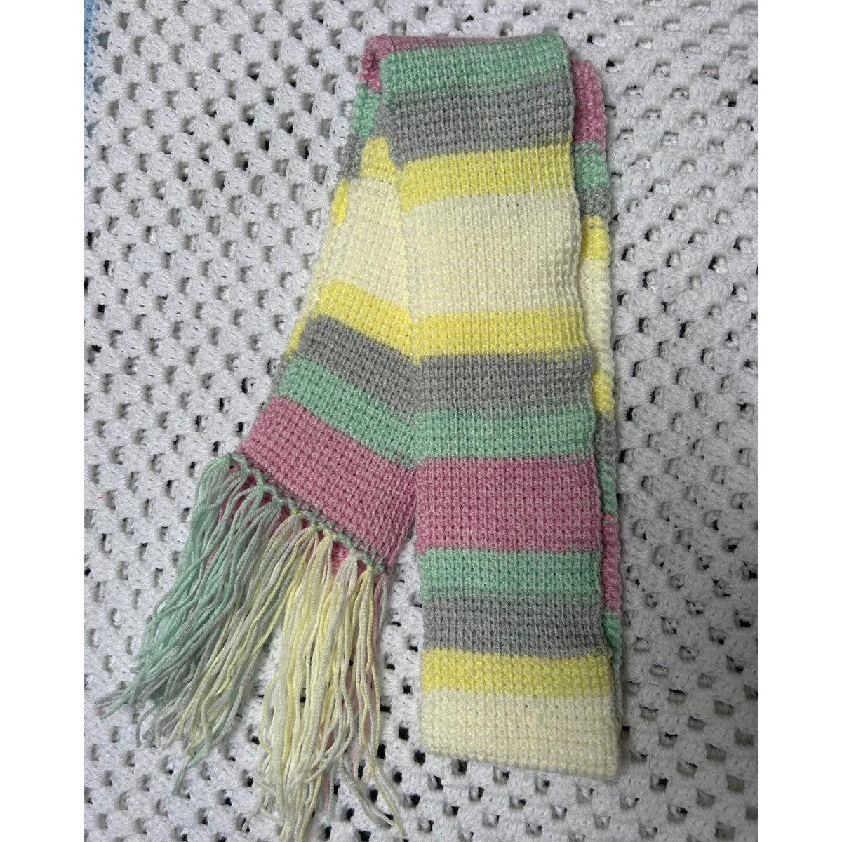 Pastel Crochet Scarf: Handmade Tunisian Stitch Acrylic Fringe Scarf