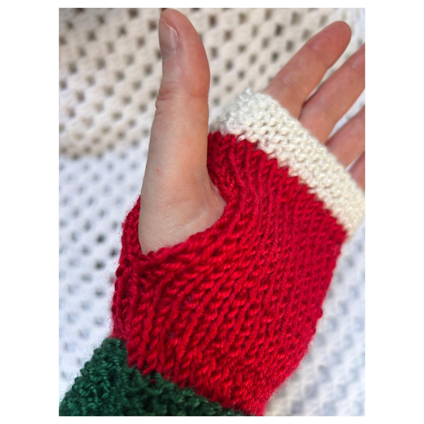 Hand-Knit Fingerless Gloves: Red, Green, and White Christmas Mitts