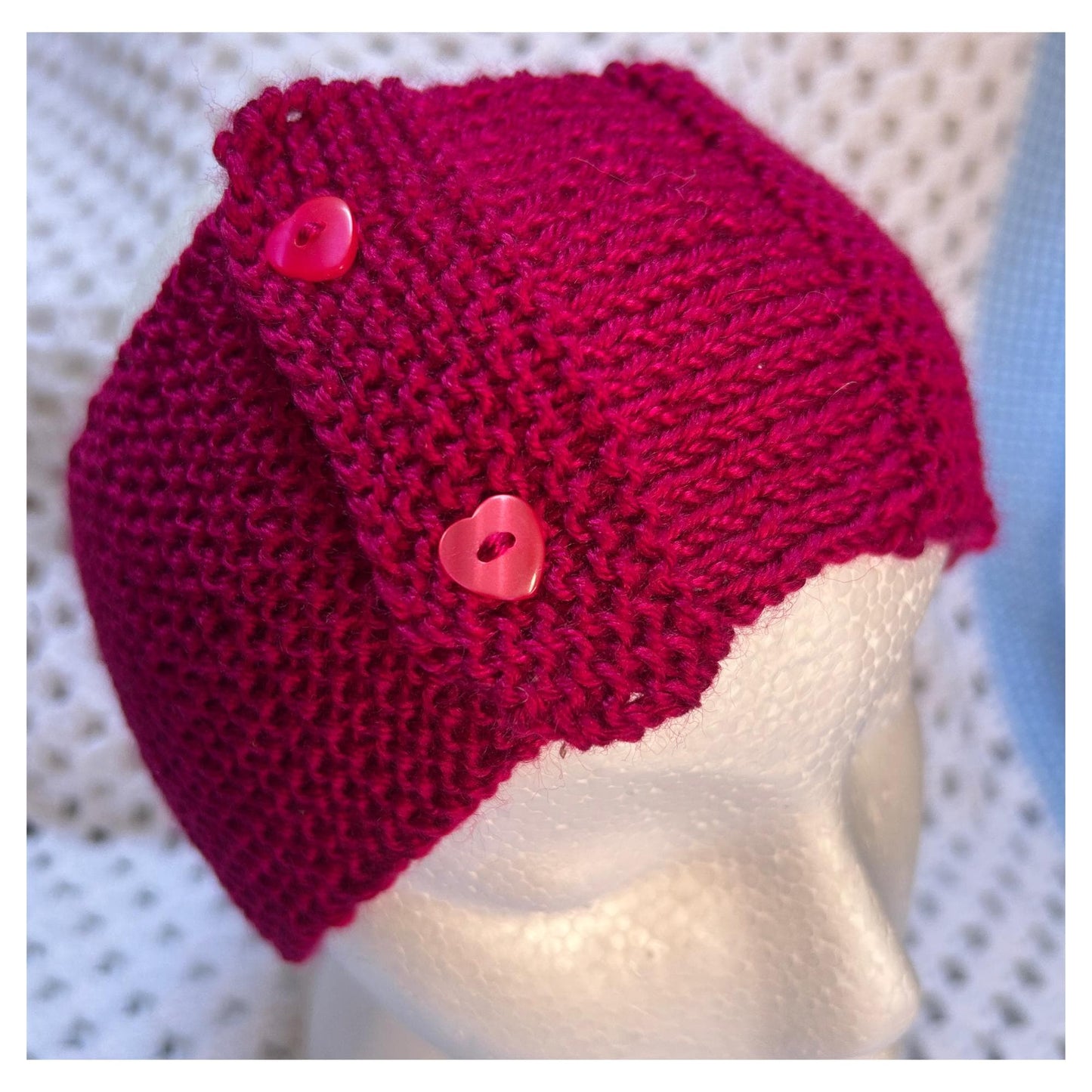 Knitted Headband: Red-Purple Yoga Hair Wrap with Heart Buttons