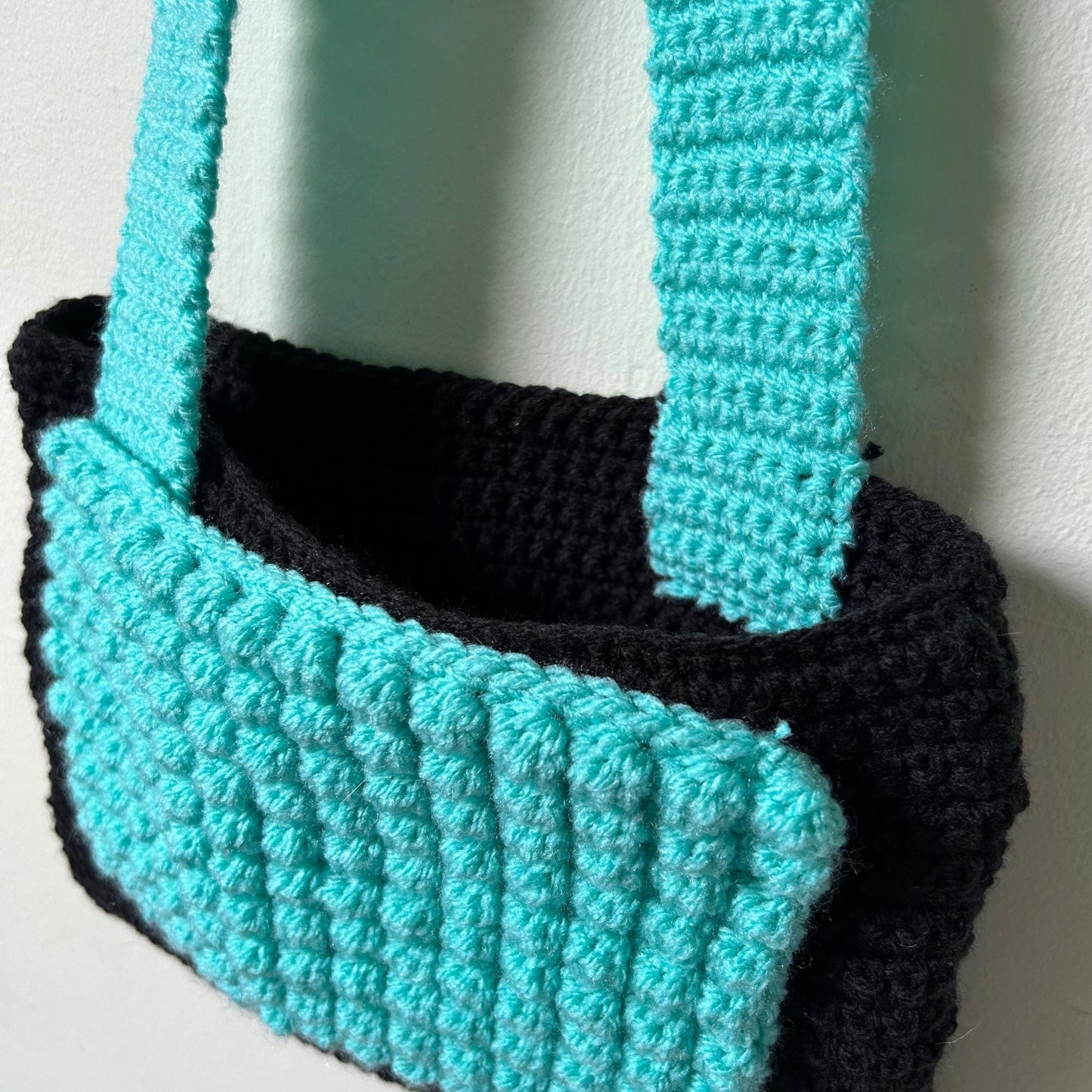 Handmade Crochet Bobble Pouch Bag, Mint Green & Black Shoulder Bag