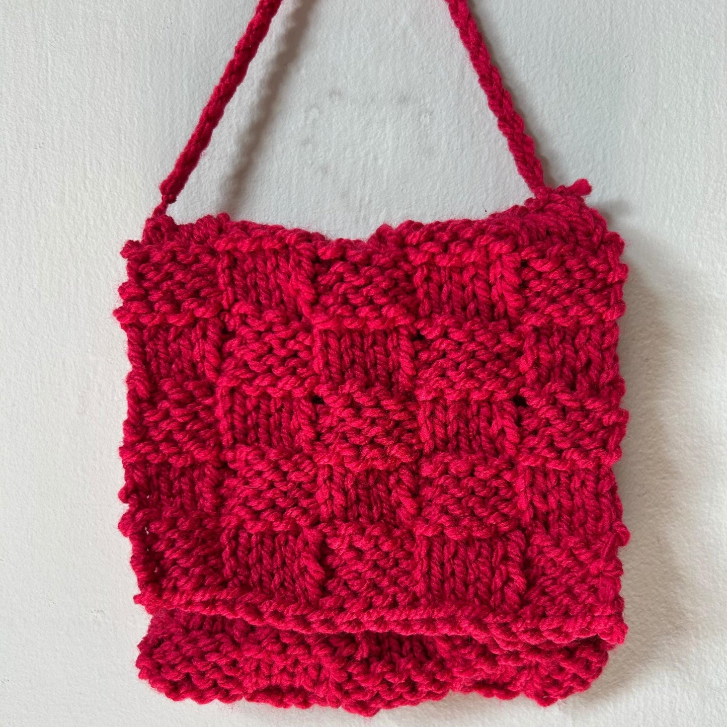 Chunky Red Short Strap Textured Hand Knit Bag