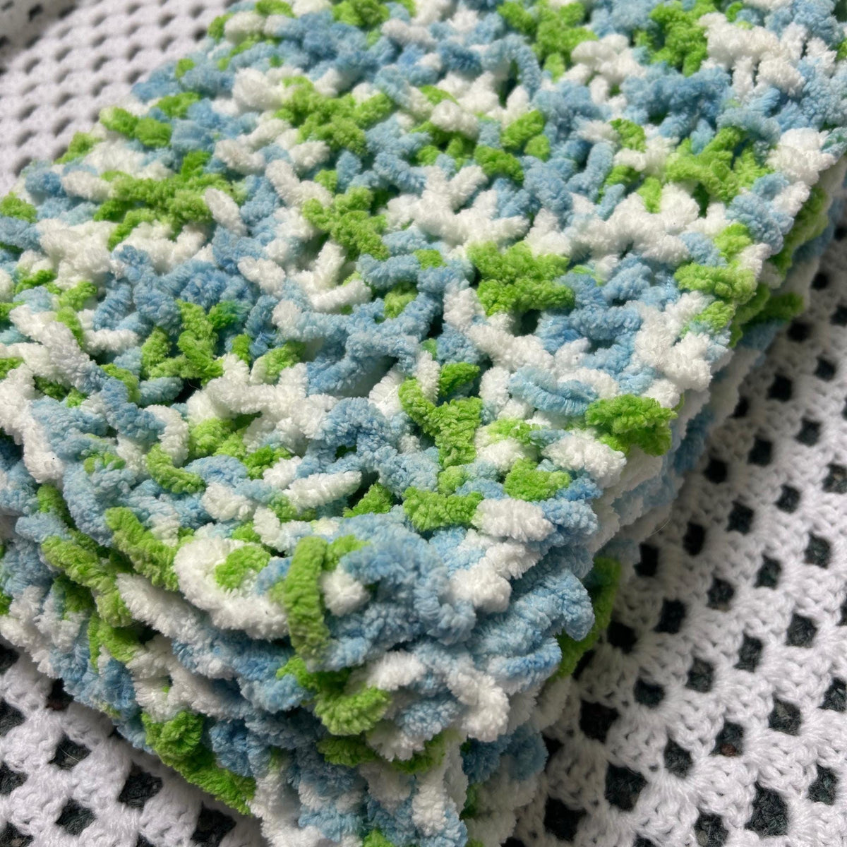 Super Chunky Blue Green and White Openweave Knit Scarf