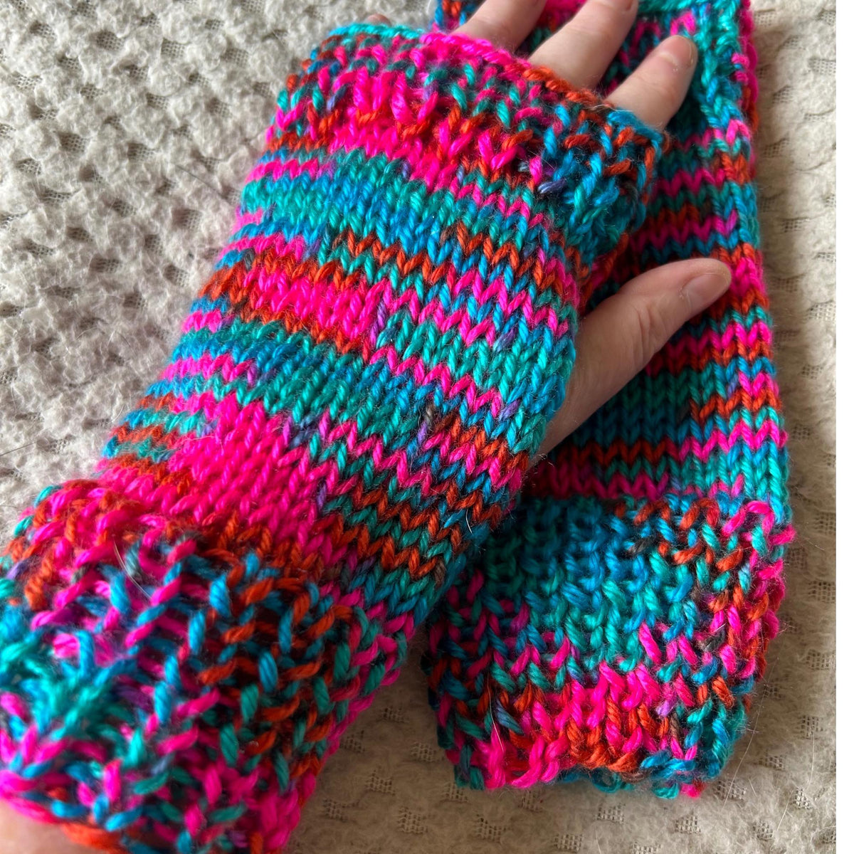 Brightly Coloured Pink Blue and Gold Fingerless Gloves for Her