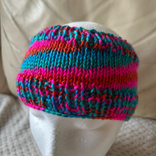 Brightly Coloured Pink Blue and Gold Hand Knit Headband