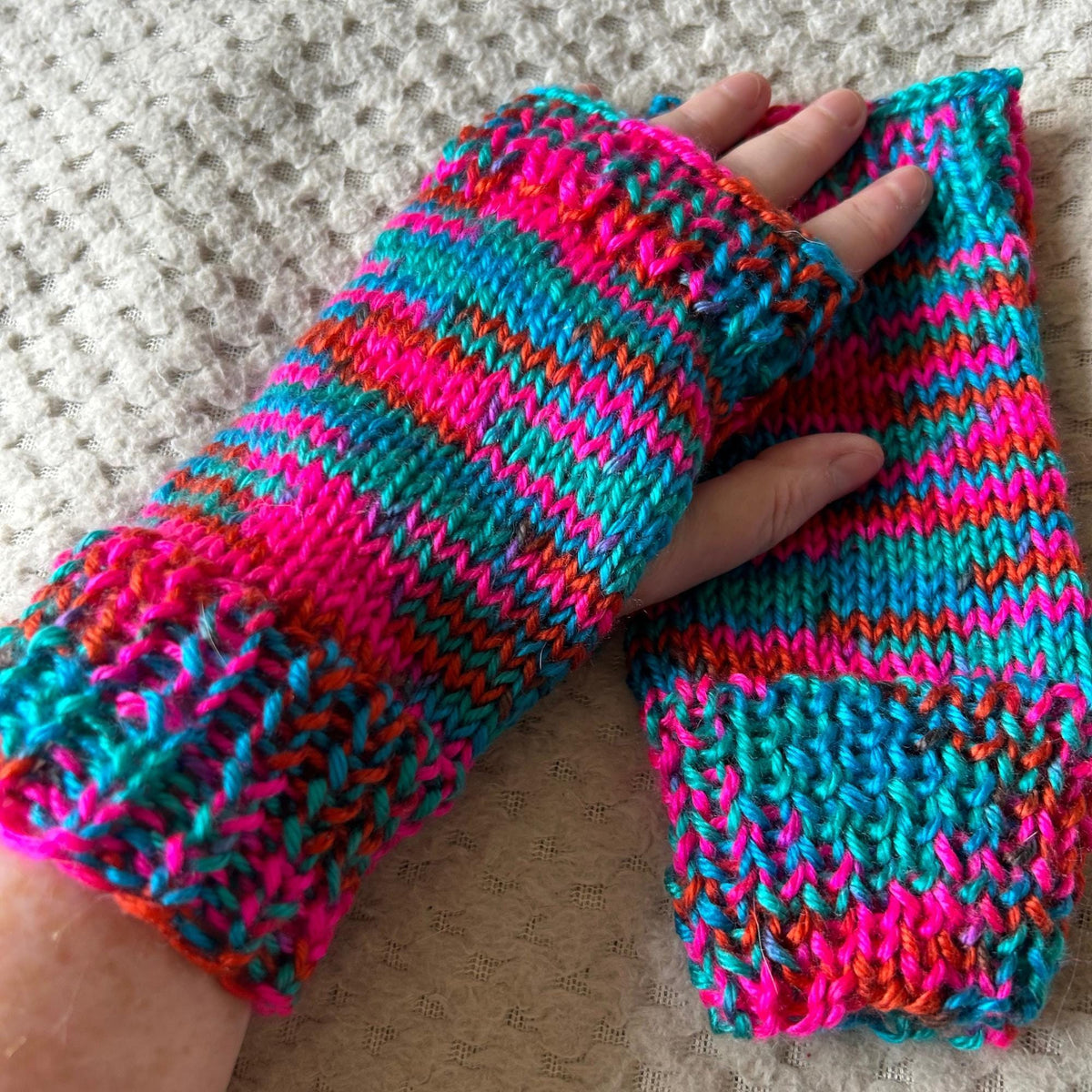 Brightly Coloured Pink Blue and Gold Fingerless Gloves for Her