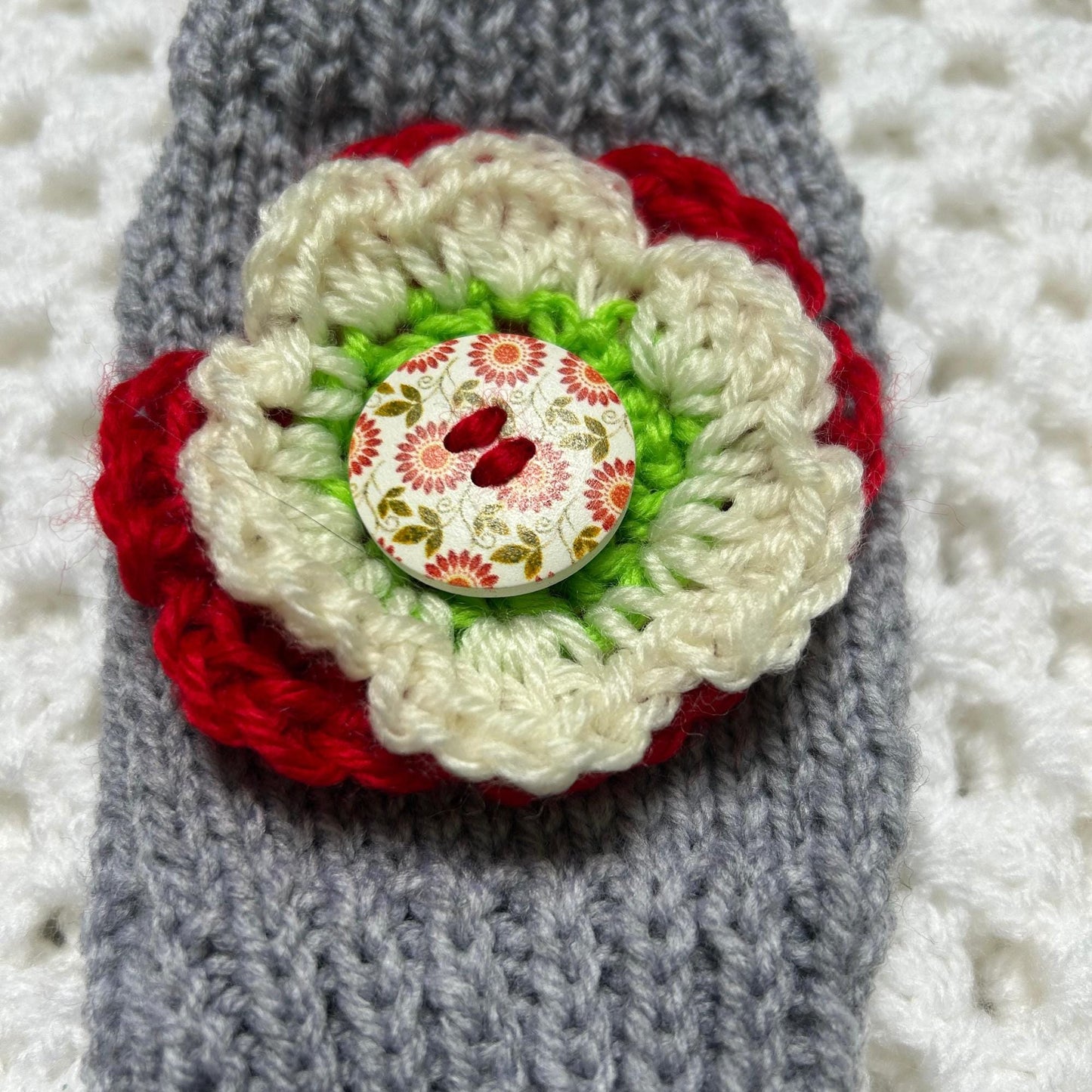Grey Fingerless Gloves with Double Flowers Attached, Statement Floral Gloves