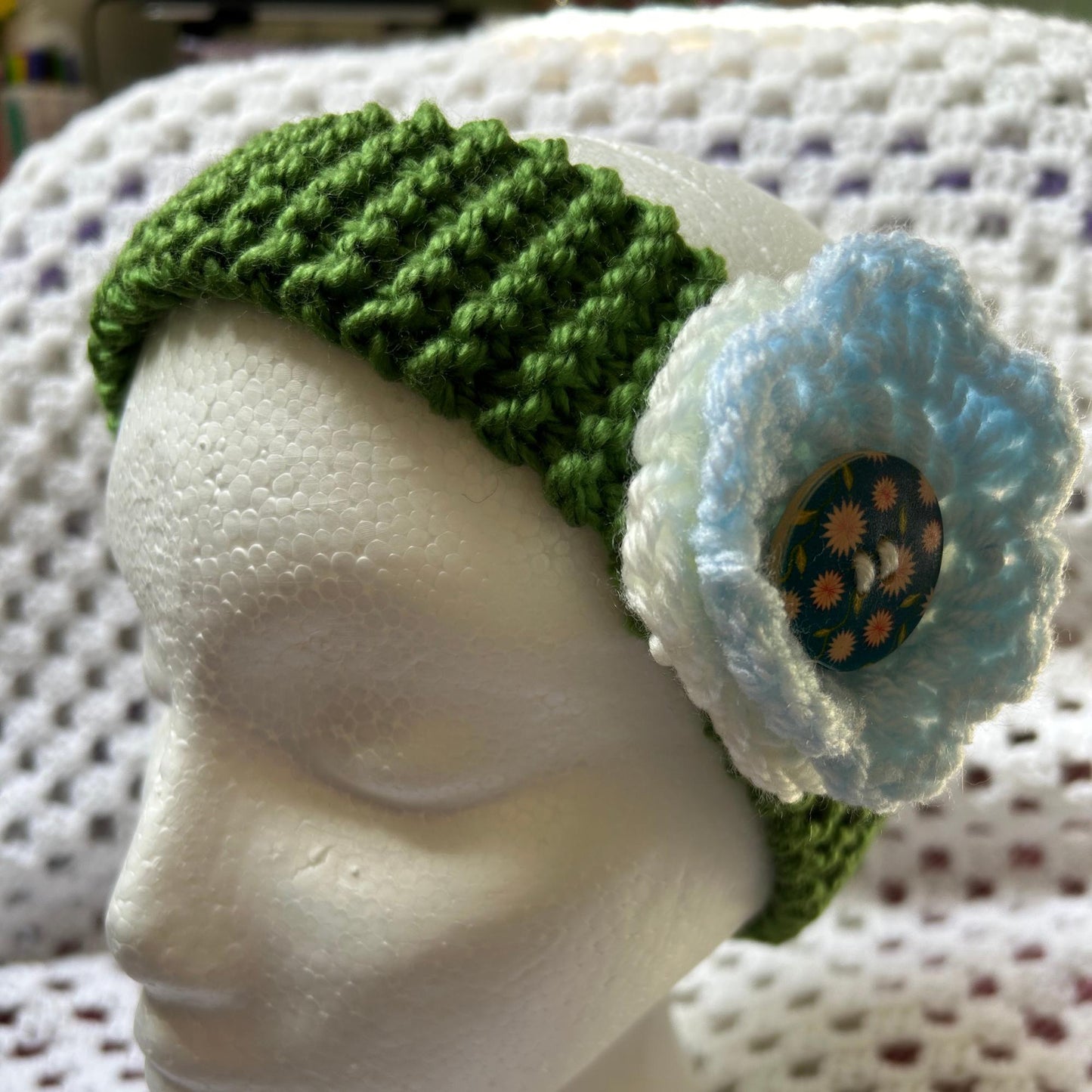 Aran Green Headband with White and Blue Flowers Embellishment, Hand Knit Floral Ear Warmer