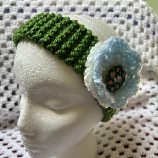 Aran Green Headband with White and Blue Flowers Embellishment, Hand Knit Floral Ear Warmer