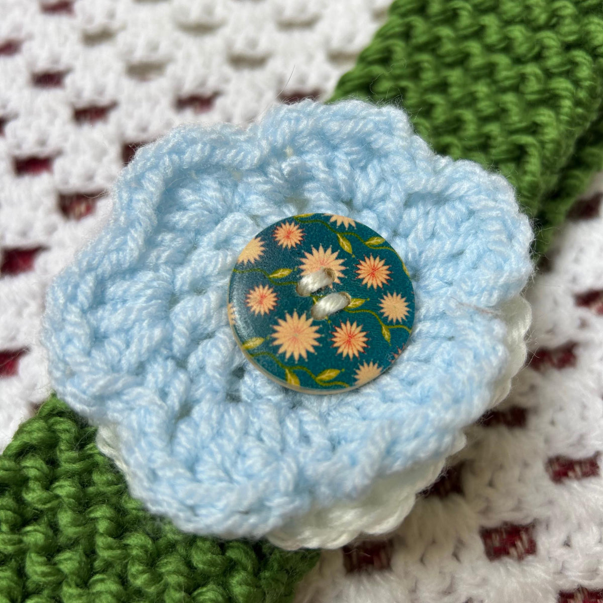 Aran Green Headband with White and Blue Flowers Embellishment, Hand Knit Floral Ear Warmer