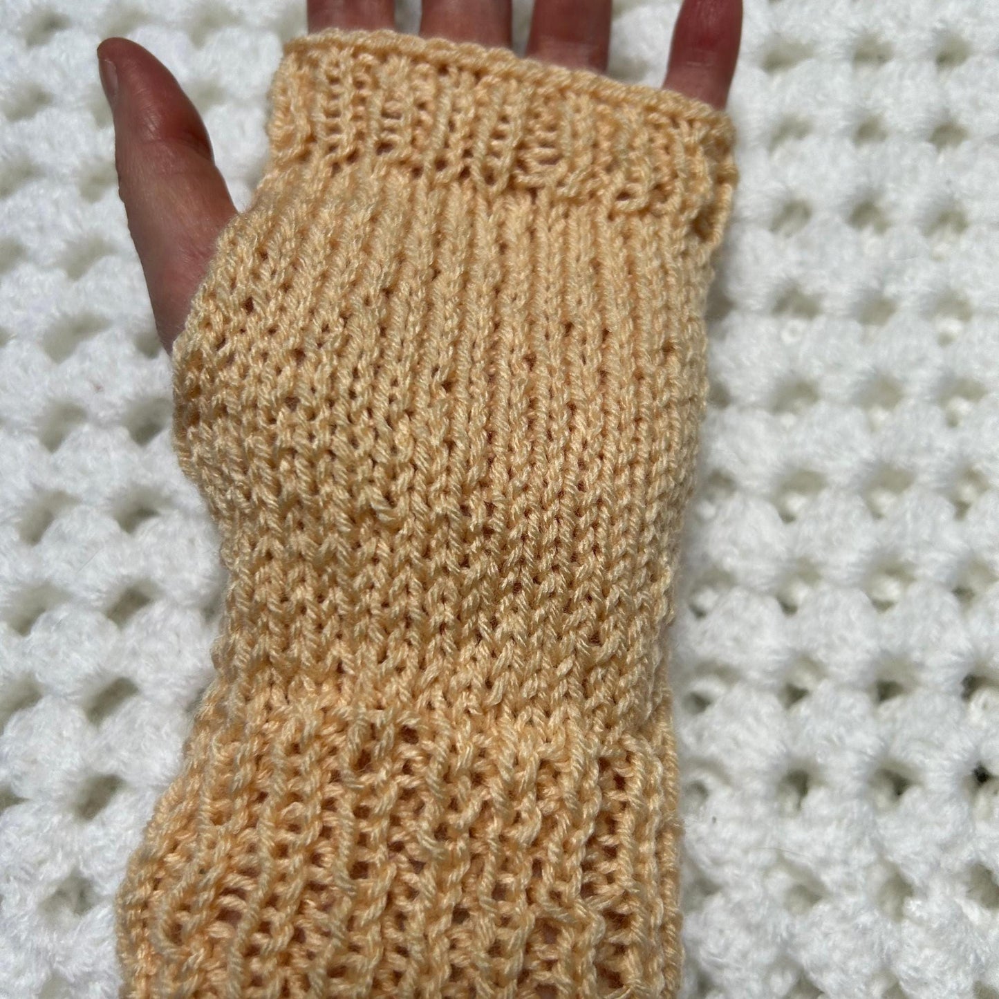Light Peach Hand Knit Fingerless Gloves, Small Knitted Mittens