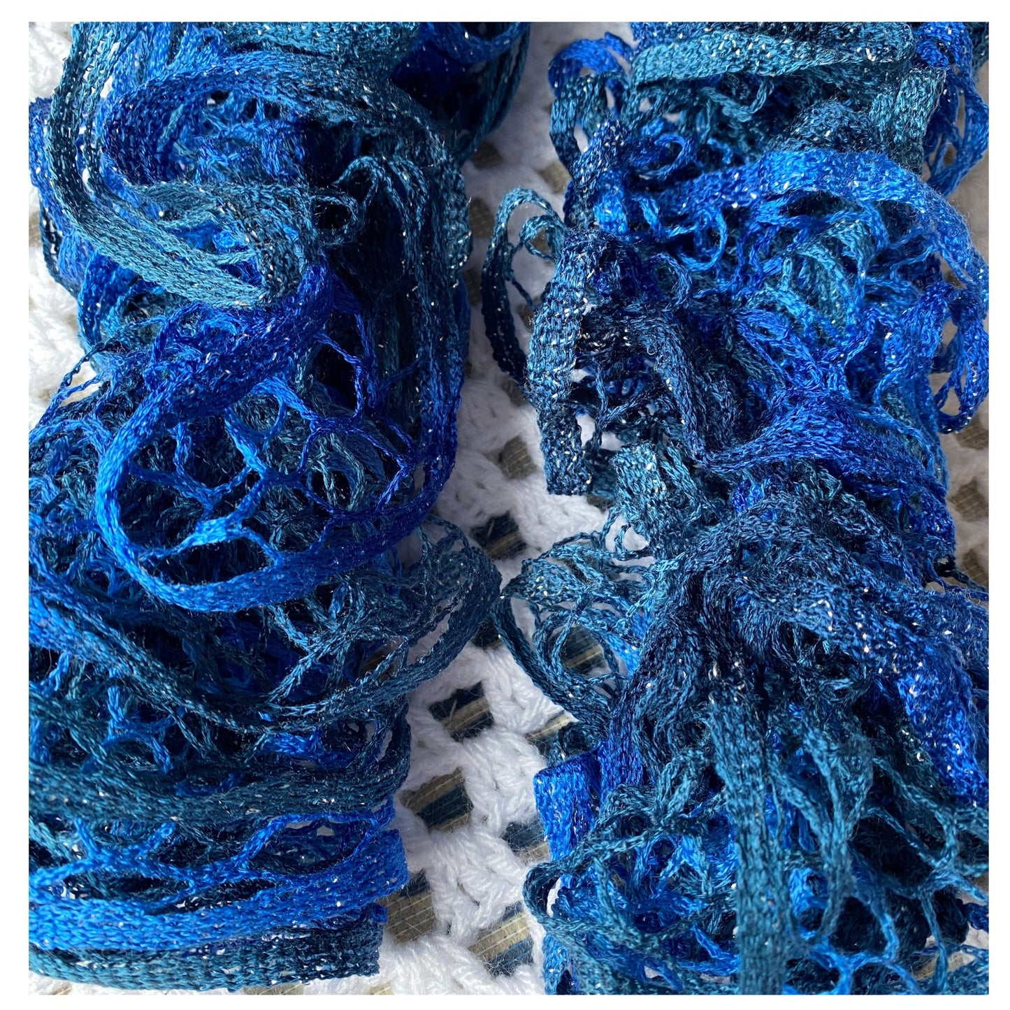 Hand Knit Glittery Blue Scarf: Lacy Party Accessory