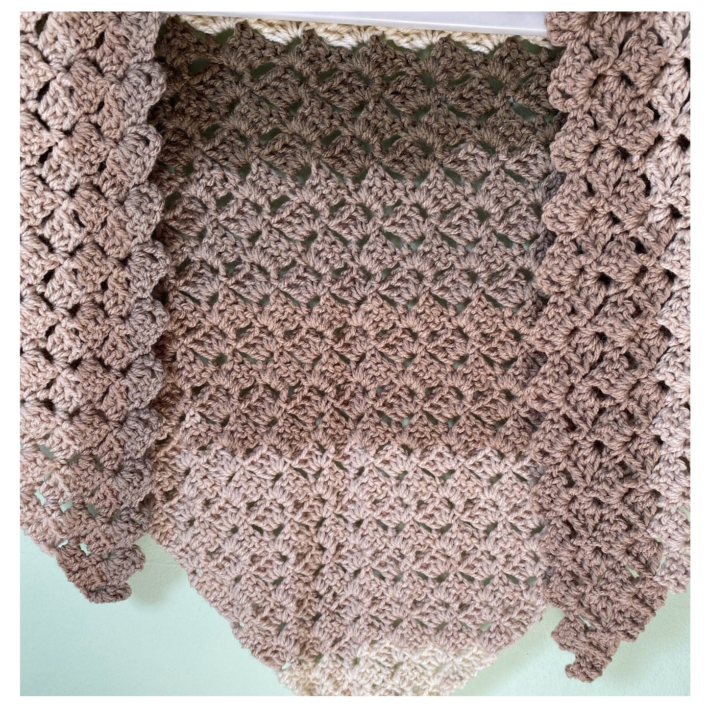 Striped Sandy Brown and Tan Triangle Aran Crocheted Shawl