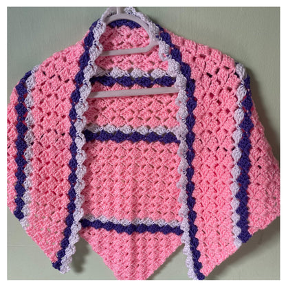 Pink Crocheted Shawl with Purple and White Striped Shawl Wrap