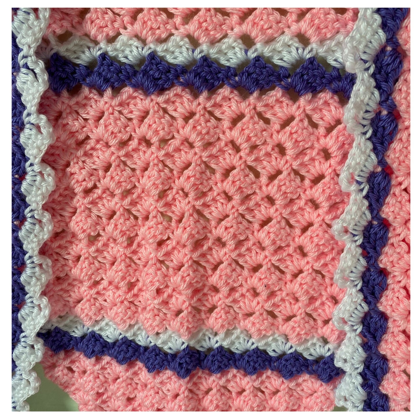 Pink Crocheted Shawl with Purple and White Striped Shawl Wrap