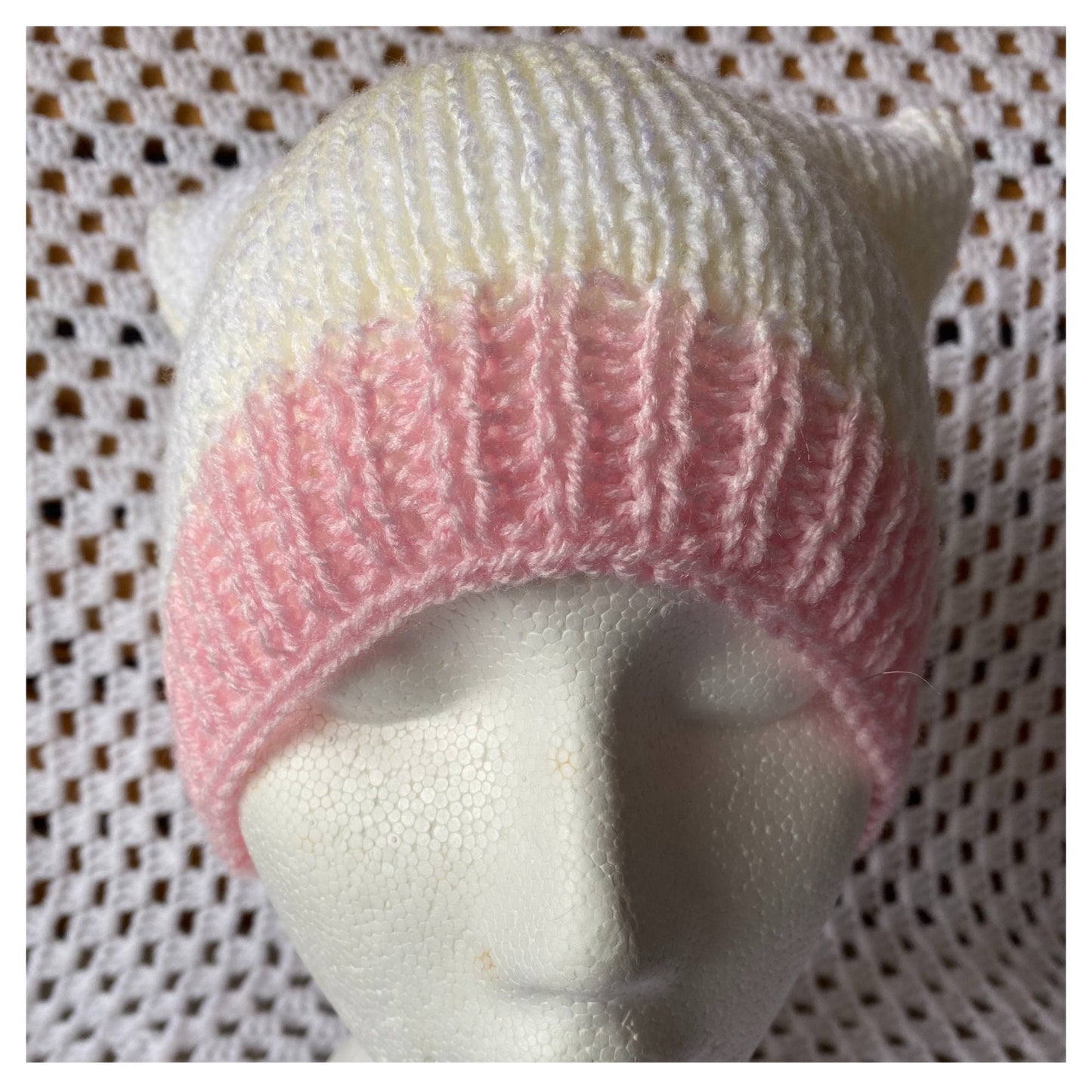 Cat Ears Beanie: Pink, Yellow, and White Ribbed Tween Hat