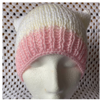 Cat Ears Beanie: Pink, Yellow, and White Ribbed Tween Hat