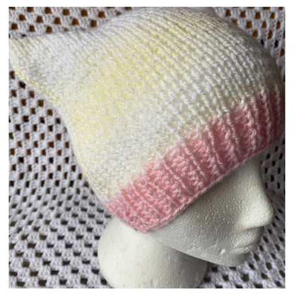 Cat Ears Beanie: Pink, Yellow, and White Ribbed Tween Hat