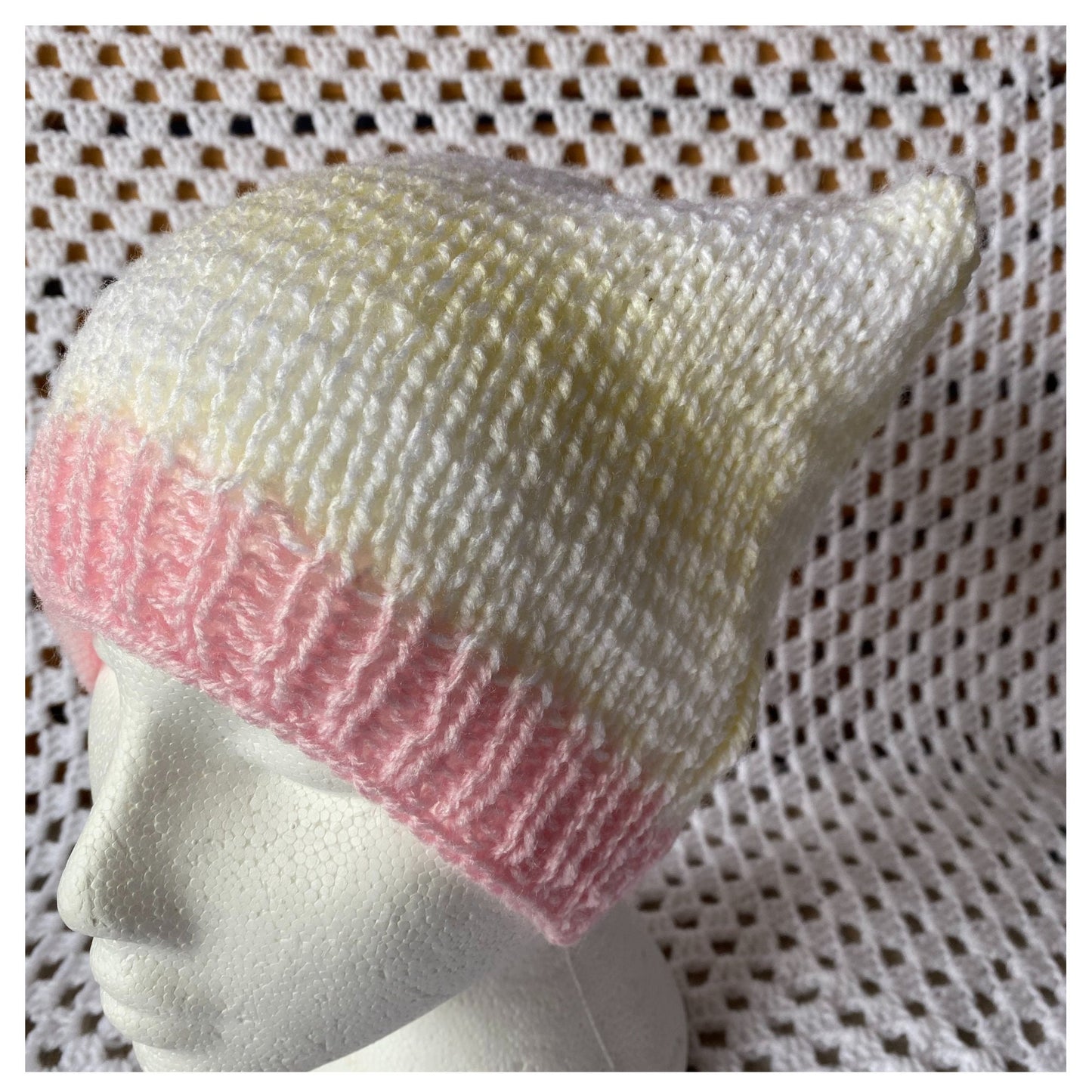 Cat Ears Beanie: Pink, Yellow, and White Ribbed Tween Hat