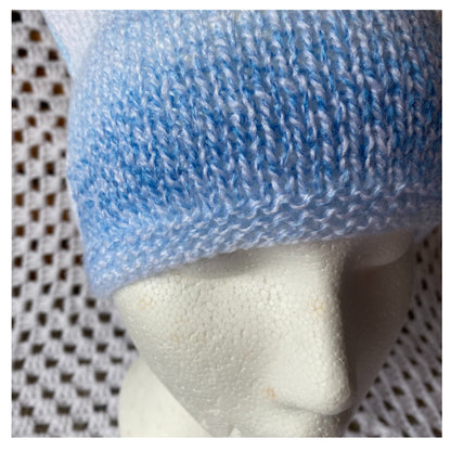 Striped Cat Ears Beanie: Blue & White Acrylic Knit