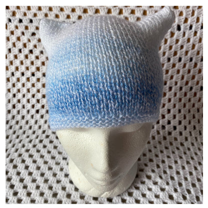 Striped Cat Ears Beanie: Blue & White Acrylic Knit