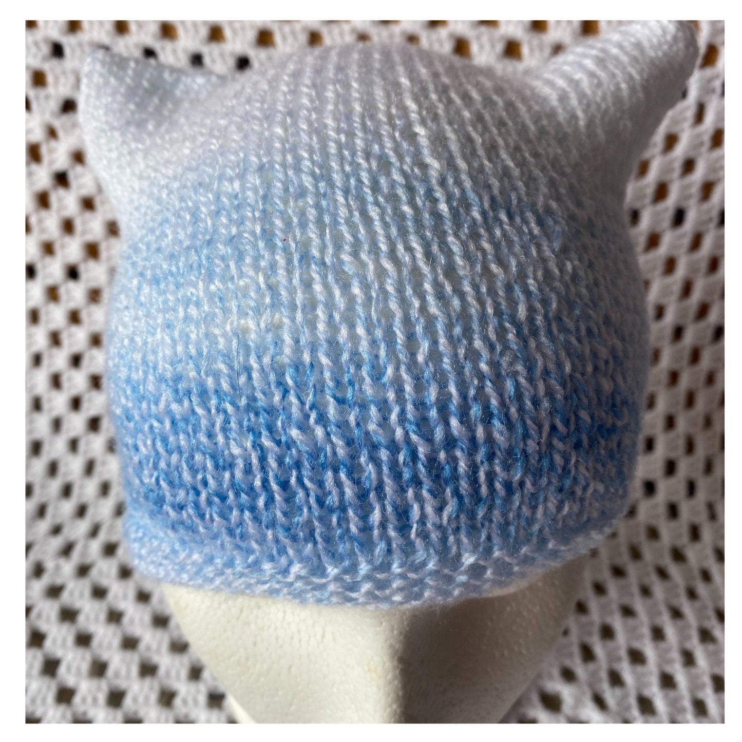 Striped Cat Ears Beanie: Blue & White Acrylic Knit