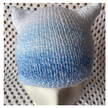 Striped Cat Ears Beanie: Blue & White Acrylic Knit
