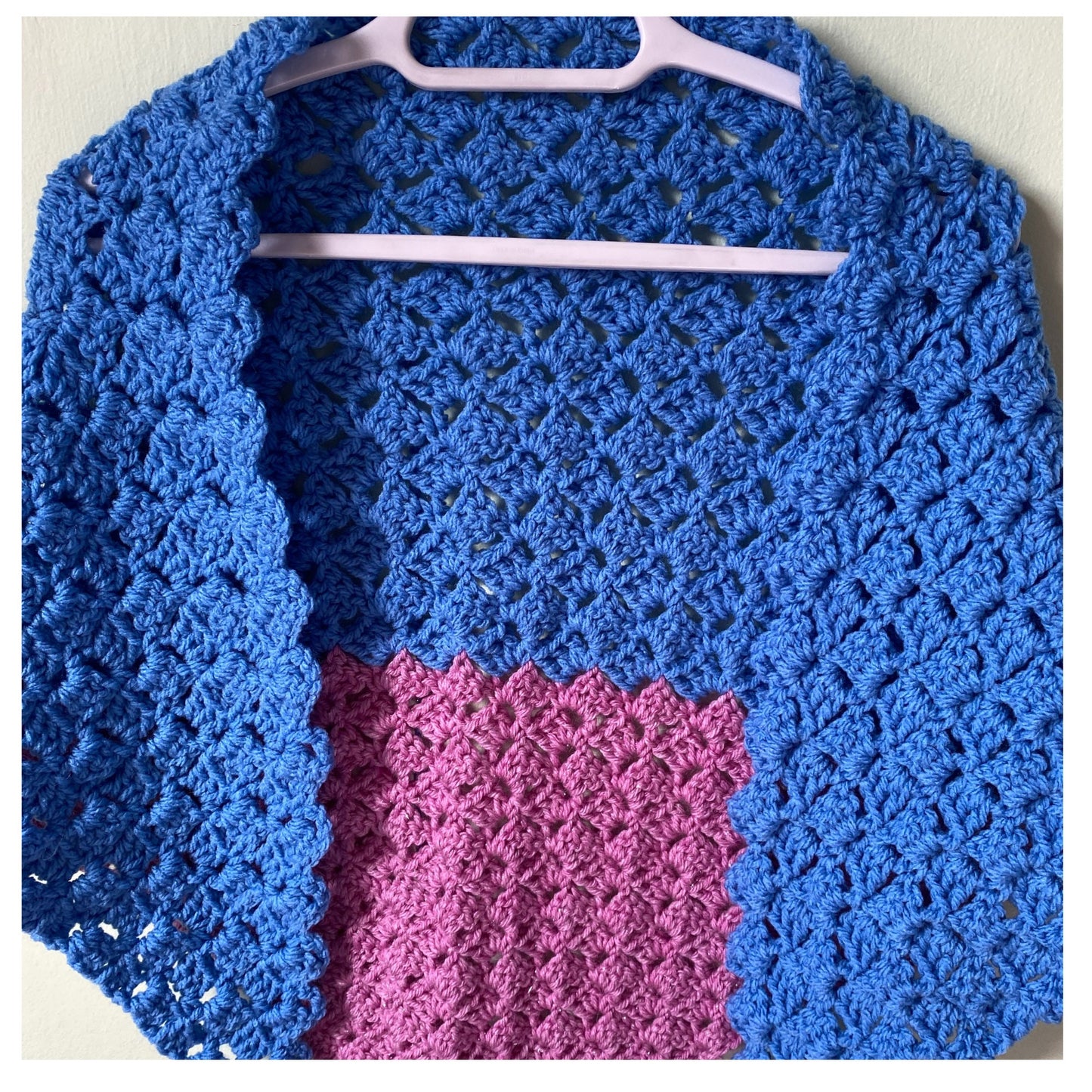 Chunky Blue and Pink Stripe Crocheted Shawl