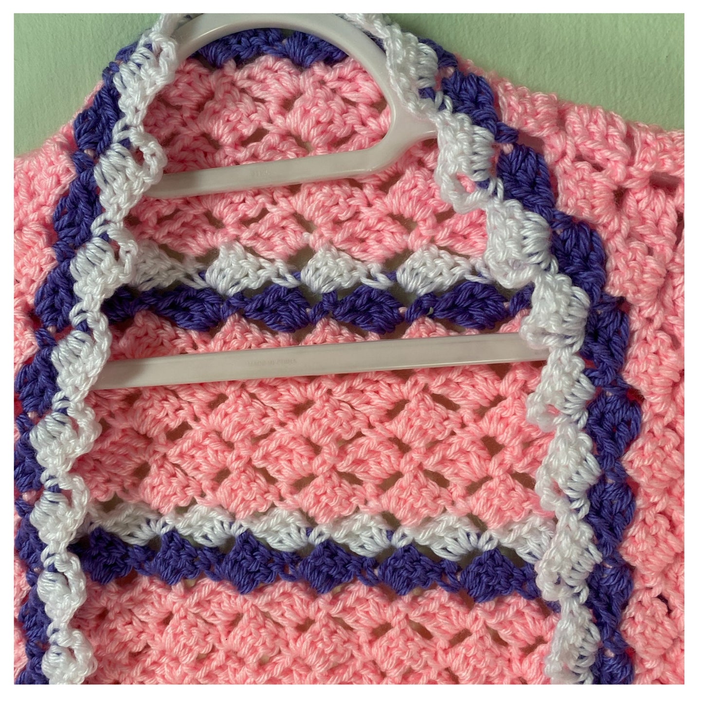 Pink Crocheted Shawl with Purple and White Striped Shawl Wrap