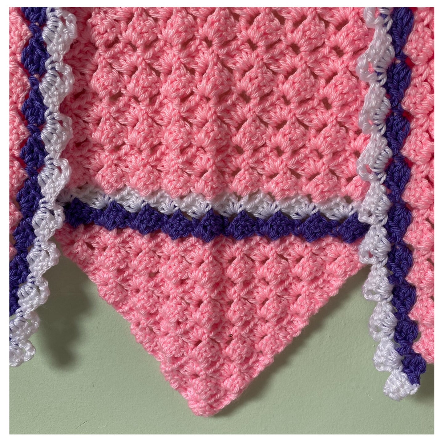 Pink Crocheted Shawl with Purple and White Striped Shawl Wrap