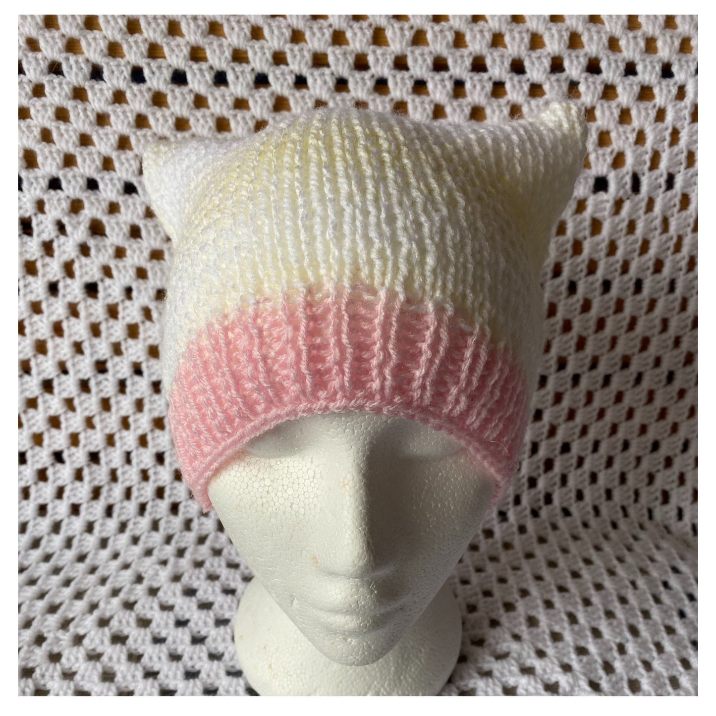 Cat Ears Beanie: Pink, Yellow, and White Ribbed Tween Hat