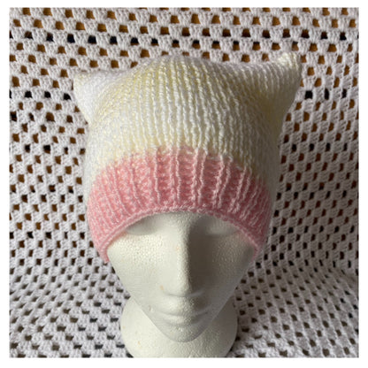 Cat Ears Beanie: Pink, Yellow, and White Ribbed Tween Hat