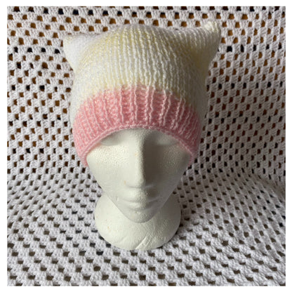 Cat Ears Beanie: Pink, Yellow, and White Ribbed Tween Hat