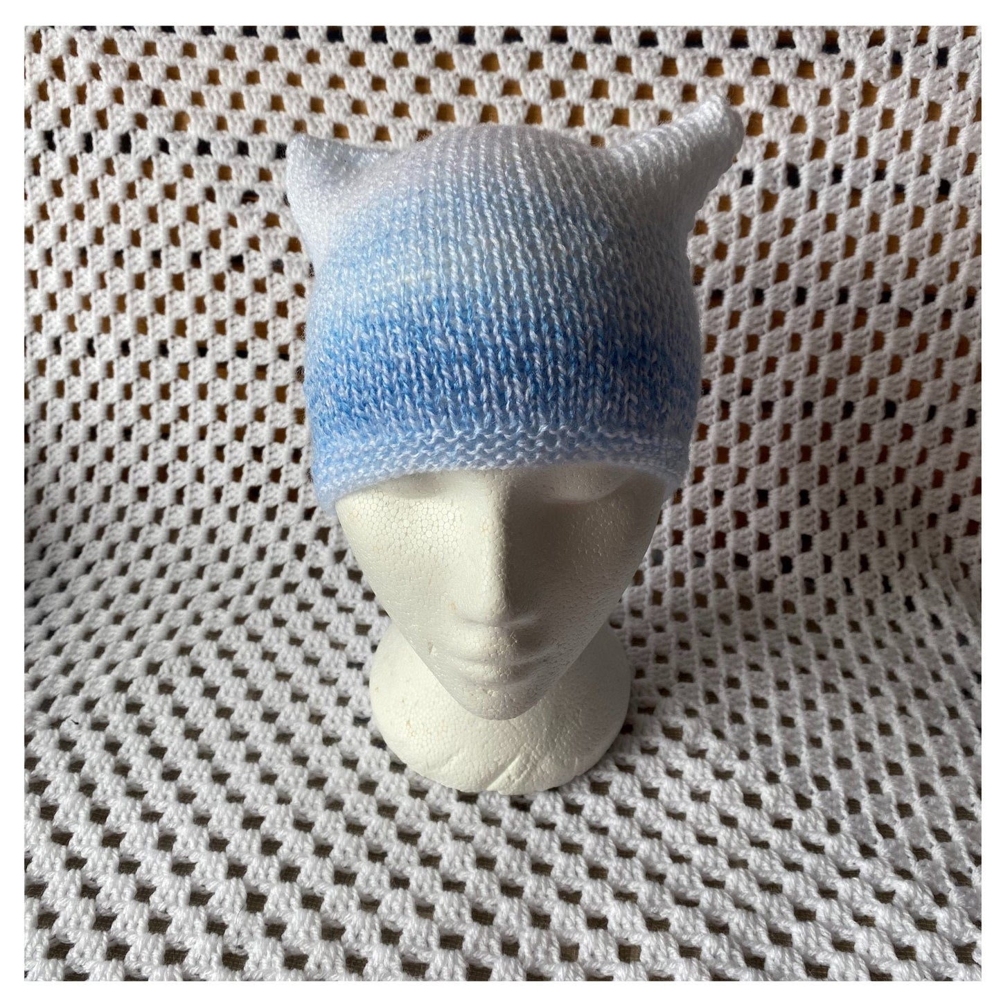 Striped Cat Ears Beanie: Blue & White Acrylic Knit