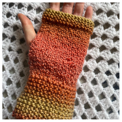 Hand-Knit Autumn Fingerless Gloves: Brown, Orange, Yellow Mittens