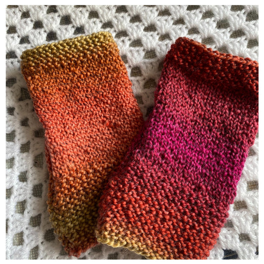 Hand-Knit Autumn Fingerless Gloves: Brown, Orange, Yellow Mittens