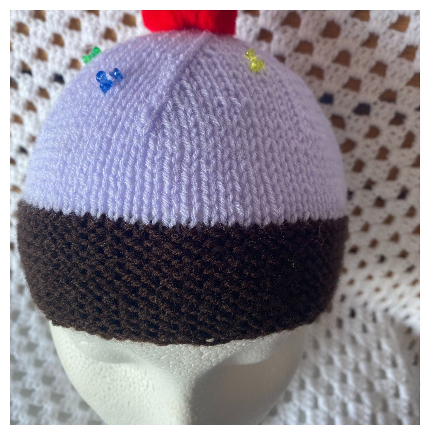 Purple Knitted Cupcake Beanie with Red Pom Pom