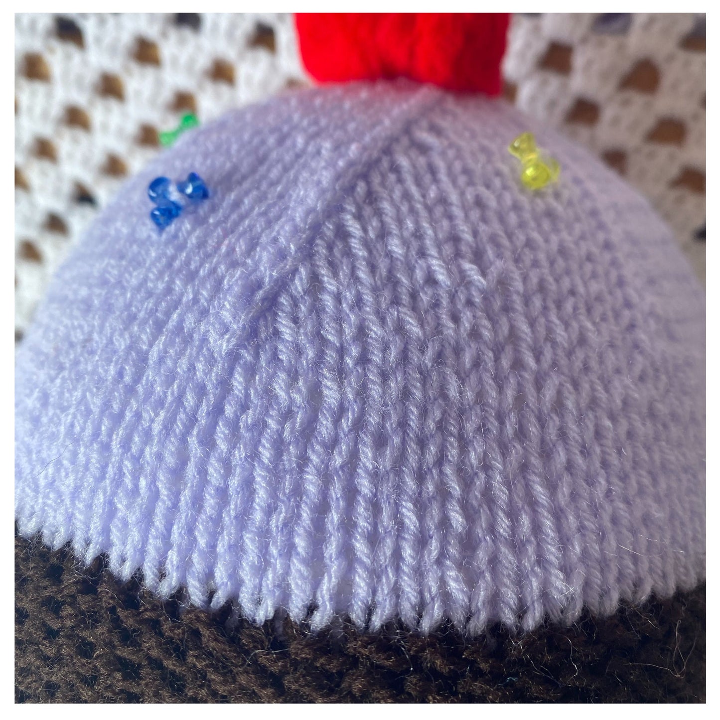 Purple Knitted Cupcake Beanie with Red Pom Pom