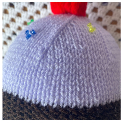 Purple Knitted Cupcake Beanie with Red Pom Pom