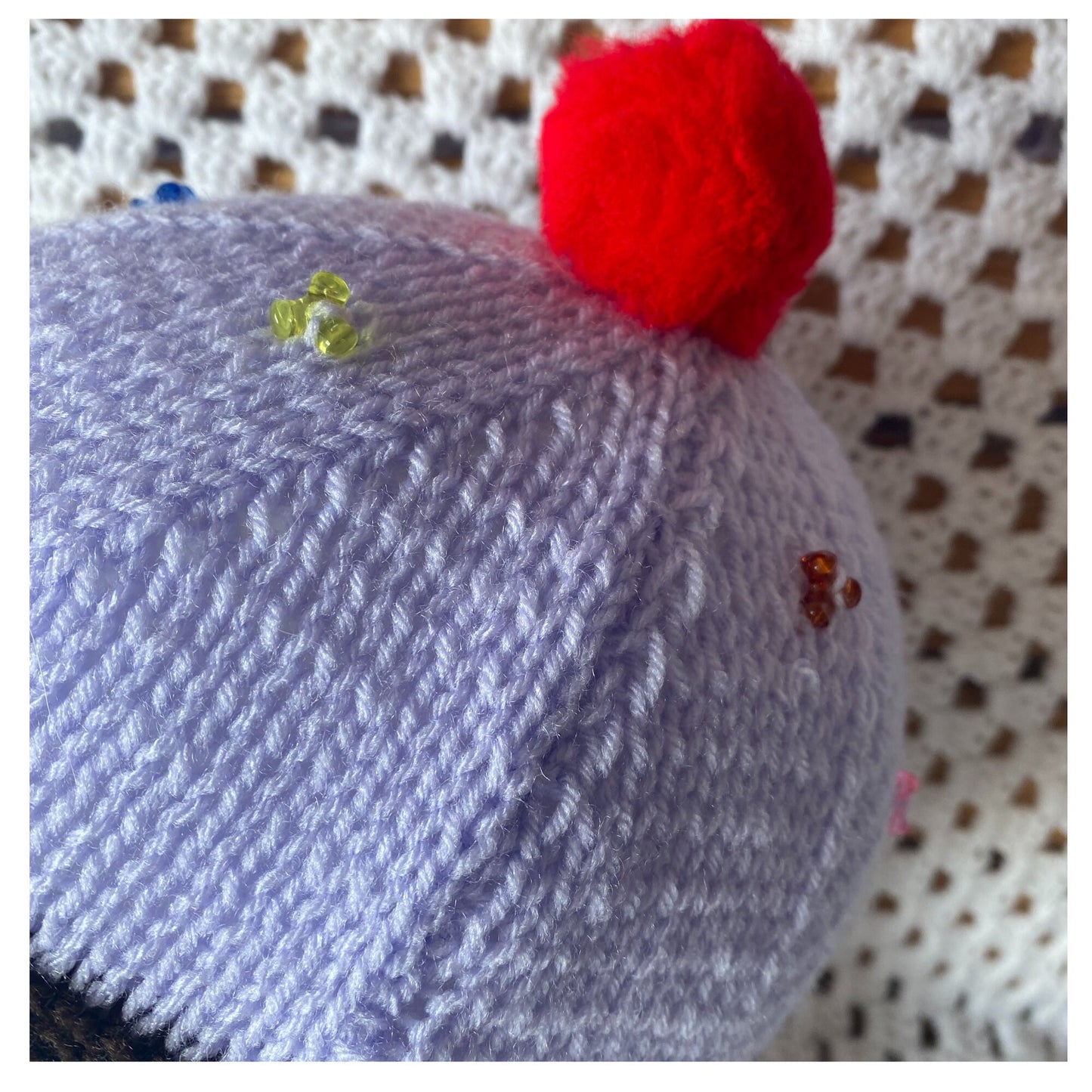 Purple Knitted Cupcake Beanie with Red Pom Pom