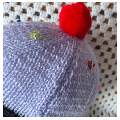 Purple Knitted Cupcake Beanie with Red Pom Pom