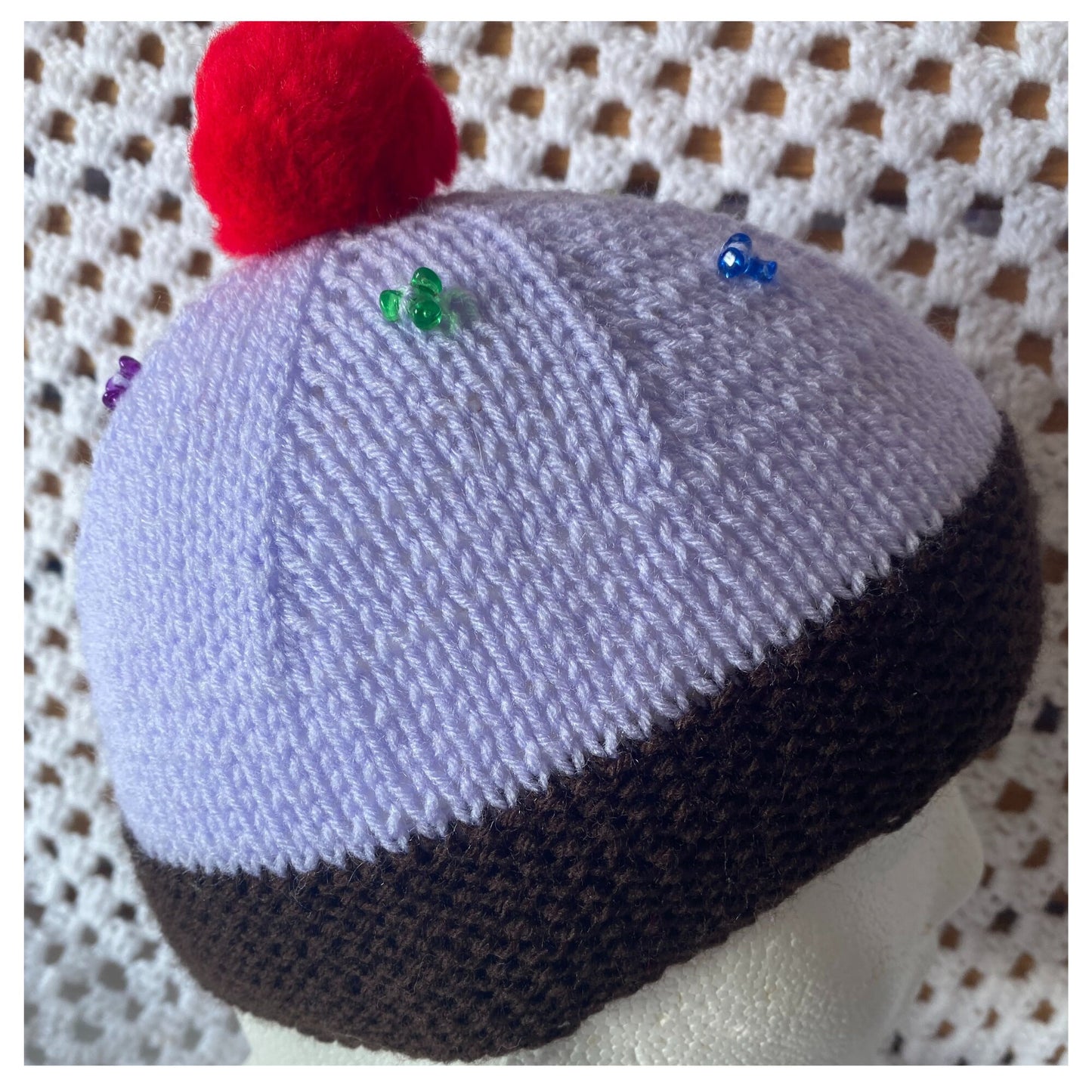 Purple Knitted Cupcake Beanie with Red Pom Pom